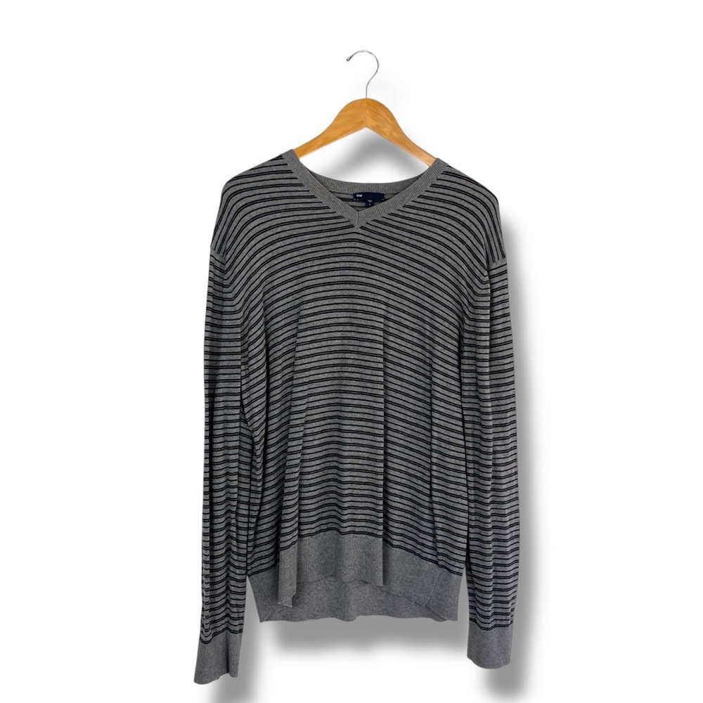 Men's GAP Gray Striped V-Neck Sweater Size Large 100% Cotton Y2K 2000s Preppy